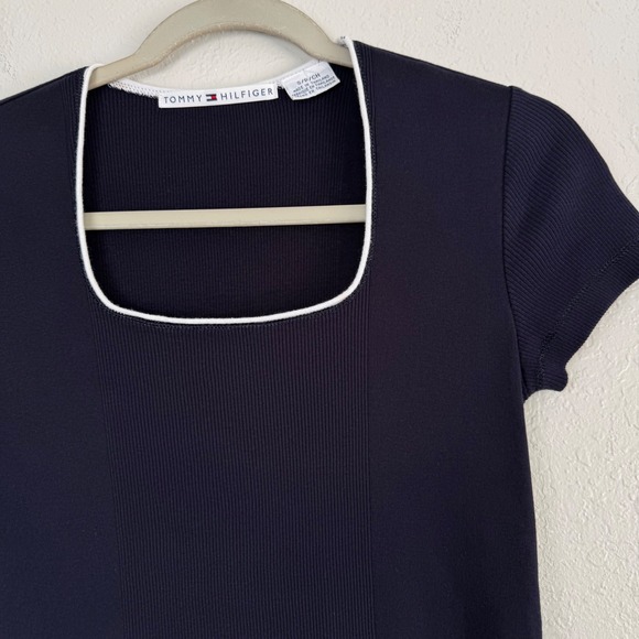 Tommy Hilfiger Navy Blue Square Neck Ribbed Knit Top White Trim S - Picture 2 of 7